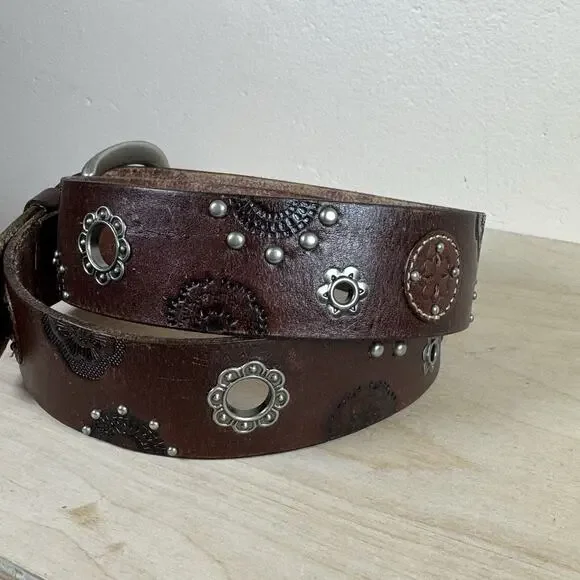 FOSSIL Womens Belt brown Floral Embroidered Leather M Boho Studded Boho Y2K - Picture 2 of 7